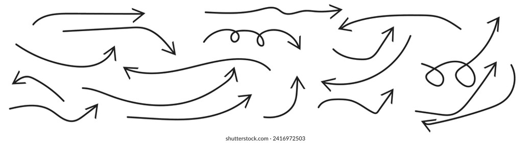 Juego de flechas de línea delgada dibujadas a mano. Muchas flechas vectoriales y onduladas aisladas en fondo blanco. El conjunto de iconos vectoriales de flechas de carbón vegetal. Dibujó a mano alzada diferentes líneas curvas, girando flechas.
