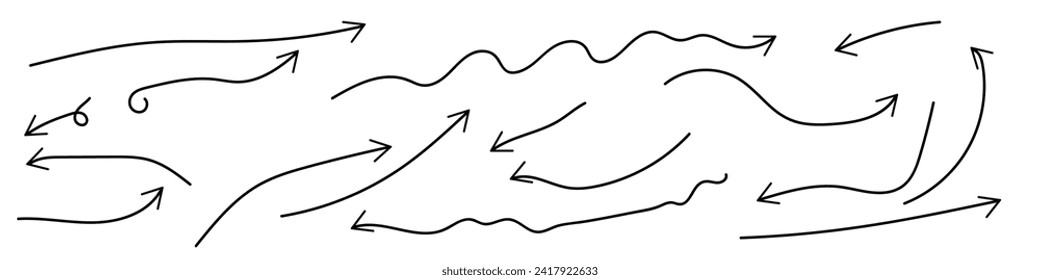 Hand drawn thin line arrows set. Many vector curvy and wavy arrows