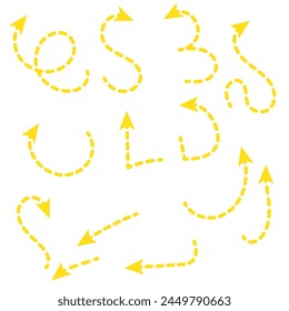Hand drawn thin line arrows set. Many vector curvy and wavy arrows isolated on white background.