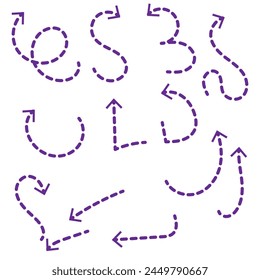 Hand drawn thin line arrows set. Many vector curvy and wavy arrows isolated on white background.