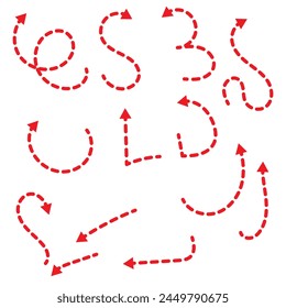 Hand drawn thin line arrows set. Many vector curvy and wavy arrows isolated on white background.
