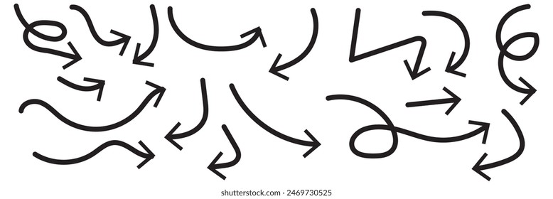 Hand drawn thin line arrows set. Many vector curvy and wavy arrows isolated on white background.