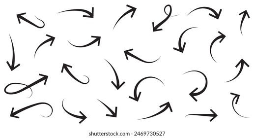 Hand drawn thin line arrows set. Many vector curvy and wavy arrows isolated on white background.