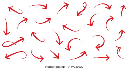 Hand drawn thin line arrows set. Many vector curvy and wavy arrows isolated on white background.