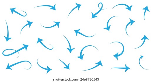 Hand drawn thin line arrows set. Many vector curvy and wavy arrows isolated on white background.
