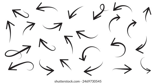 Flechas de línea fina dibujadas a mano. Muchas flechas onduladas y curvas de Vector aisladas sobre fondo blanco.