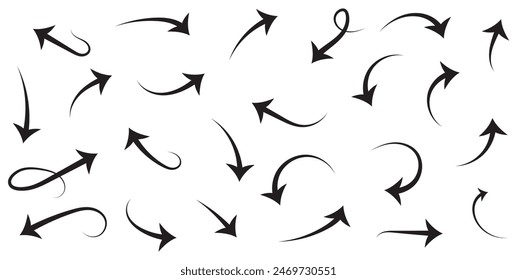 Hand drawn thin line arrows set. Many vector curvy and wavy arrows isolated on white background.