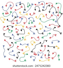 Handgezeichnete dünne Linien Pfeile setzen Design. Doodle Pfeile, Vektorgrafik, Symbol.  Viele Pfeile Vektorgrafik, kurvig und wellig rot, blau, grün, gelb, schwarz Pfeile isoliert auf weißem Hintergrund. Vektorillustration.