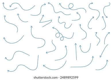 Hand drawn thin line arrows set. Many vector curvy and wavy arrows isolated on white background.