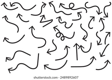 Hand drawn thin line arrows set. Many vector curvy and wavy arrows isolated on white background.