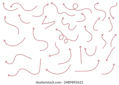 Hand drawn thin line arrows set. Many vector curvy and wavy arrows isolated on white background.