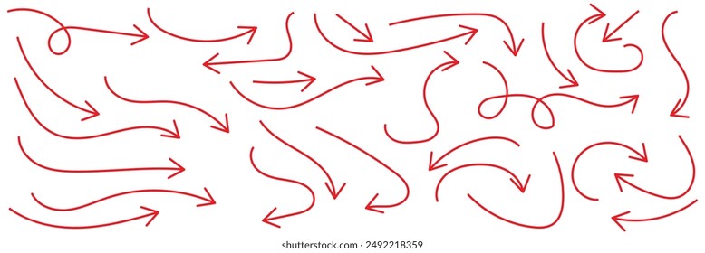 Hand drawn thin line arrows set. Many vector curvy and wavy arrows isolated on white background.