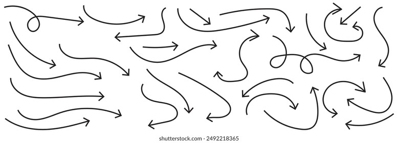 Hand drawn thin line arrows set. Many vector curvy and wavy arrows isolated on white background.