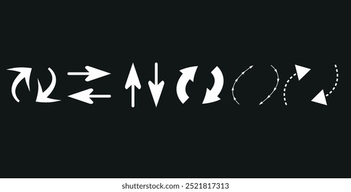 Hand drawn thin line arrows set. Arrow icon. Doodle arrow. Collection different arrows sign. Many vector curvy and wavy arrows isolated on white background.
