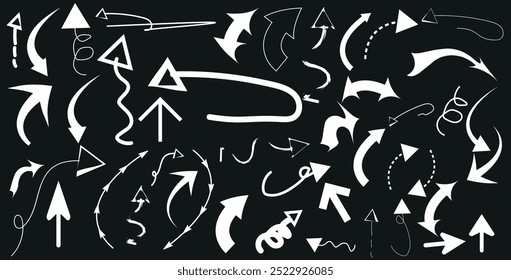 Hand drawn thin line arrows set. Arrow icon. Doodle arrow. Collection different arrows sign. Many vector curvy and wavy arrows isolated on white background.