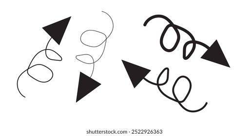 Hand drawn thin line arrows set. Arrow icon. Doodle arrow. Collection different arrows sign. Many vector curvy and wavy arrows isolated on white background.