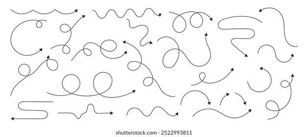 Hand drawn thin line arrows set. Many vector arrows isolated on white background. Vector set of drawn arrows. Sketch doodle style. Arrows are curved and straight, with a solid line and dashed lines.