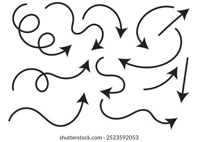 Conjunto de flechas de línea delgada dibujadas a mano. Muchas flechas curvas y onduladas del Vector aisladas en el fondo blanco.