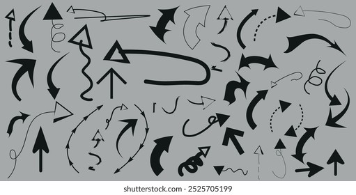 Conjunto de flechas de línea delgada dibujadas a mano. Icono de flecha. Flecha Doodle. Colección de diferentes signos de flechas. Muchas flechas curvas y onduladas del Vector aisladas en el fondo blanco.