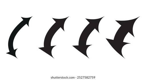 Handgezeichnete dünne Linie Pfeile gesetzt. Pfeilsymbol. Doodle-Pfeil. Sammlung verschiedene Pfeile Zeichen. Viele kurvige und gewellte Vektorpfeile einzeln auf weißem Hintergrund.