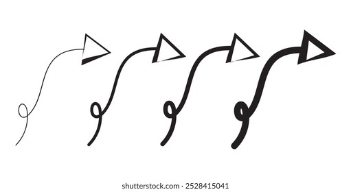 Hand drawn thin line arrows set. Arrow icon. Doodle arrow. Collection different arrows sign. Many vector curvy and wavy arrows isolated on white background.
