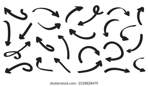 Hand drawn thin line arrows set. Many vector curvy and wavy arrows isolated on white background.