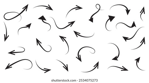 Hand drawn thin line arrows set. Many vector curvy and wavy arrows isolated on white background.