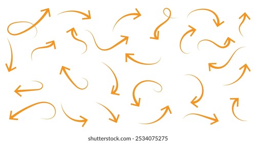 Hand drawn thin line arrows set. Many vector curvy and wavy arrows isolated on white background.