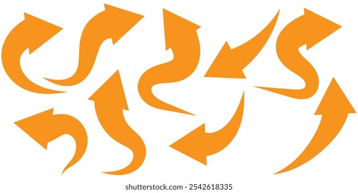 Conjunto de flechas de línea delgada dibujadas a mano. Muchas flechas curvas y onduladas del Vector aisladas en el fondo blanco.