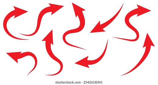 Hand drawn thin line arrows set. Many vector curvy and wavy arrows isolated on white background.