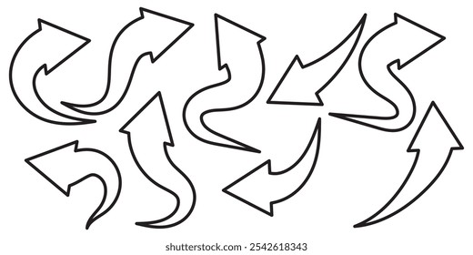 Hand drawn thin line arrows set. Many vector curvy and wavy arrows isolated on white background.