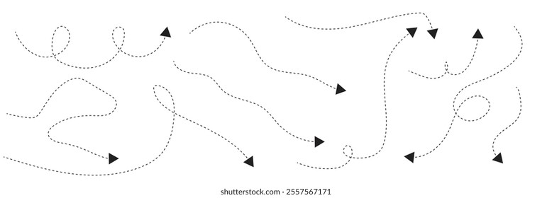 Hand drawn thin line arrows set. Many vector curvy and wavy arrows isolated on white background.