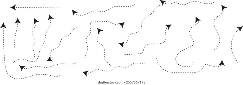 Hand drawn thin line arrows set. Many vector curvy and wavy arrows isolated on white background.