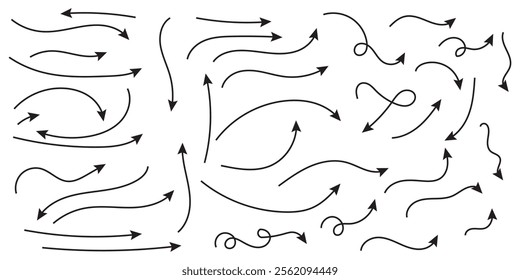 Hand drawn thin line arrows set. Many vector curvy and wavy arrows isolated on white background.