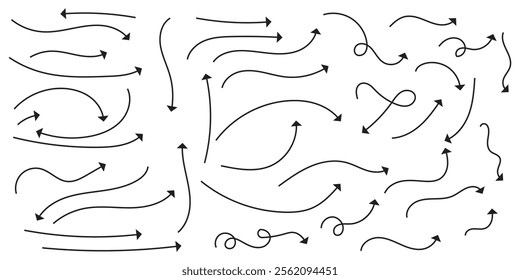Hand drawn thin line arrows set. Many vector curvy and wavy arrows isolated on white background.