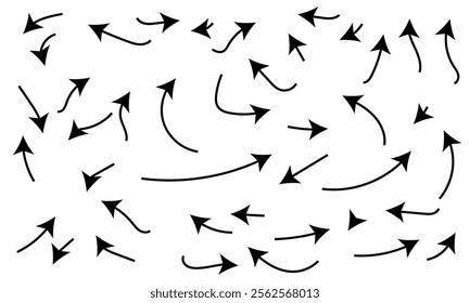 Hand drawn thin line arrows set. Many vector curvy and wavy arrows isolated on white background. Arrow mark icons and arrow paint. Stock vector, eps10