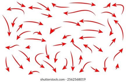 Hand drawn thin line arrows set. Many vector curvy and wavy arrows isolated on white background. Arrow mark icons and arrow paint. Stock vector, eps10
