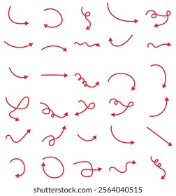 Hand drawn thin line arrows set. Many vector curvy and wavy arrows isolated on white background. red hand drawn curve arrow vector set illustration.