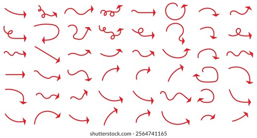 Hand drawn thin line arrows set. Many vector curvy and wavy arrows isolated on white background. Red hand drawn curve arrow icon vector set.