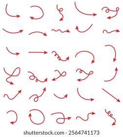 Hand drawn thin line arrows set. Many vector curvy and wavy arrows isolated on white background. Red hand drawn curve arrow icon vector set.