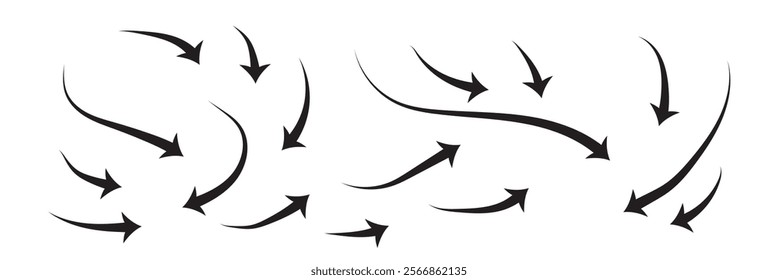 Hand drawn thin line arrows set. Vector doodle design elements isolated on white background. side up down Thin Arrows.