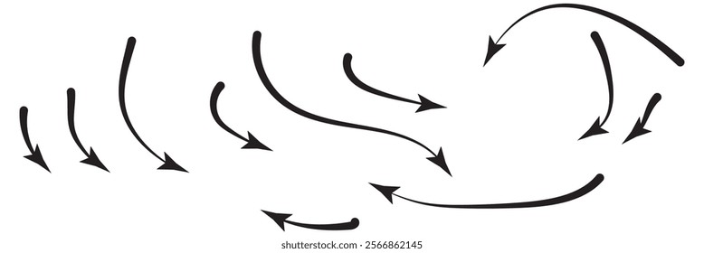 Hand drawn thin line arrows set. Vector doodle design elements isolated on white background. side up down Thin Arrows.