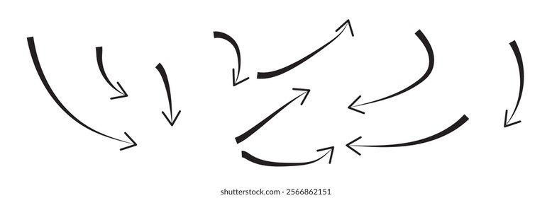 Hand drawn thin line arrows set. Vector doodle design elements isolated on white background. side up down Thin Arrows.