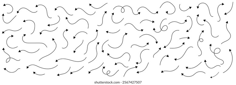 Hand drawn thin line arrows set. Many vector curvy and wavy arrows isolated on white background.