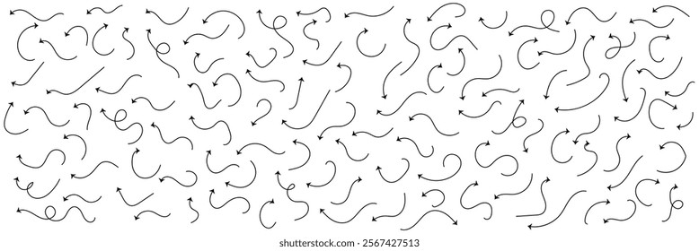 Hand drawn thin line arrows set. Many vector curvy and wavy arrows isolated on white background.