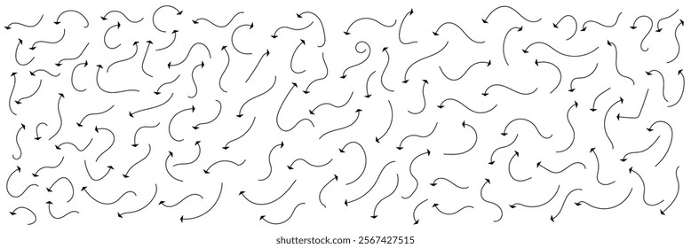 Hand drawn thin line arrows set. Many vector curvy and wavy arrows isolated on white background.