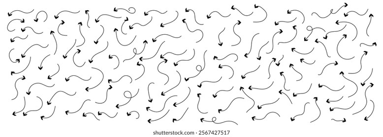 Hand drawn thin line arrows set. Many vector curvy and wavy arrows isolated on white background.