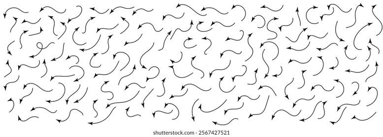 Hand drawn thin line arrows set. Many vector curvy and wavy arrows isolated on white background.