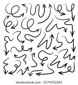 Hand drawn thin line arrows set. wavy arrows isolated on white background