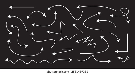 Hand drawn thin line arrows set. Curvy and wavy arrows vector